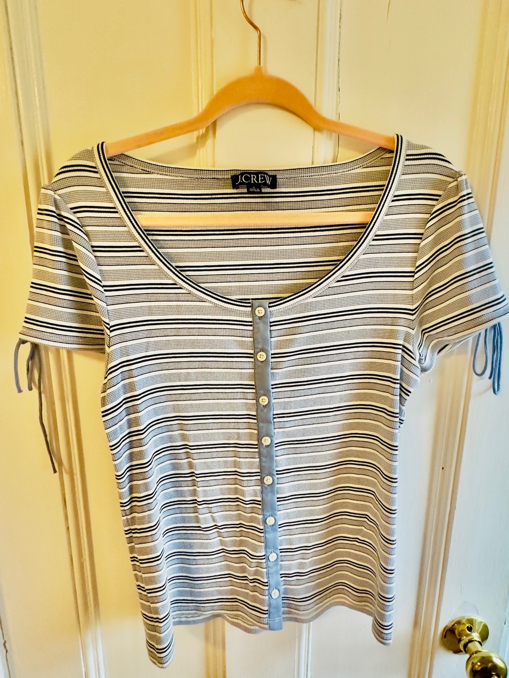 J. Crew Striped Scoop Neck Button-Front Tee in Blue and White Size L